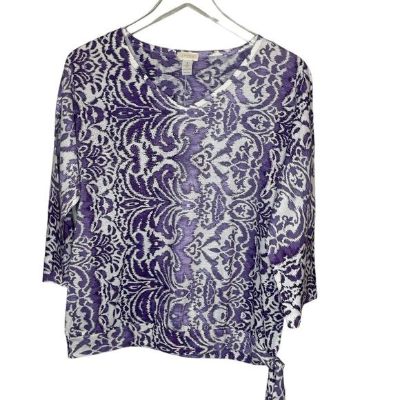 CHICOS Size 1 US M Purple & White Paisley Print Knit Top Rhinestone Trim - Picture 10 of 14